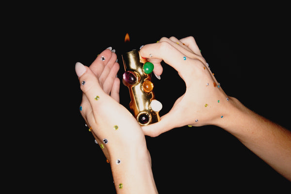 Edie Parker x Wes Anderson's Phoenician Scheme Lighter Case in Gold Multi-stone