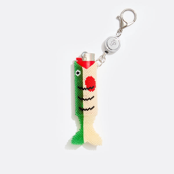 Retractable Lighter Keychain in Green Beaded Fish