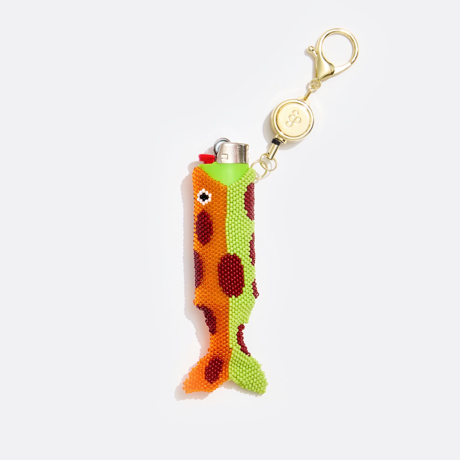 Retractable Lighter Keychain in Orange Beaded Fish