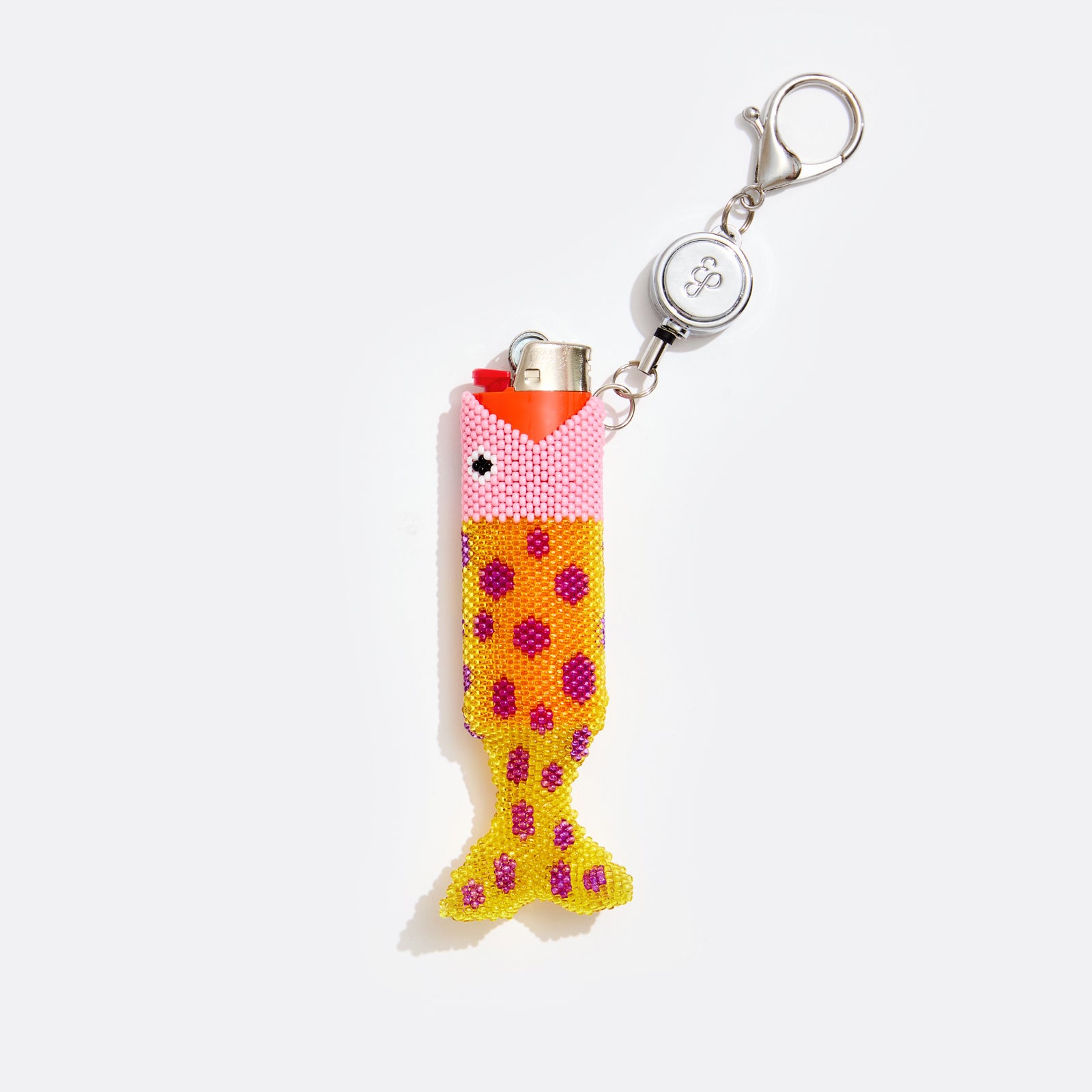 Retractable Lighter Keychain in Pink Beaded Fish