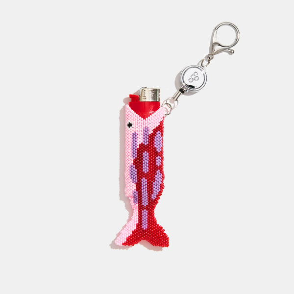 Retractable Lighter Keychain in Red Beaded Fish