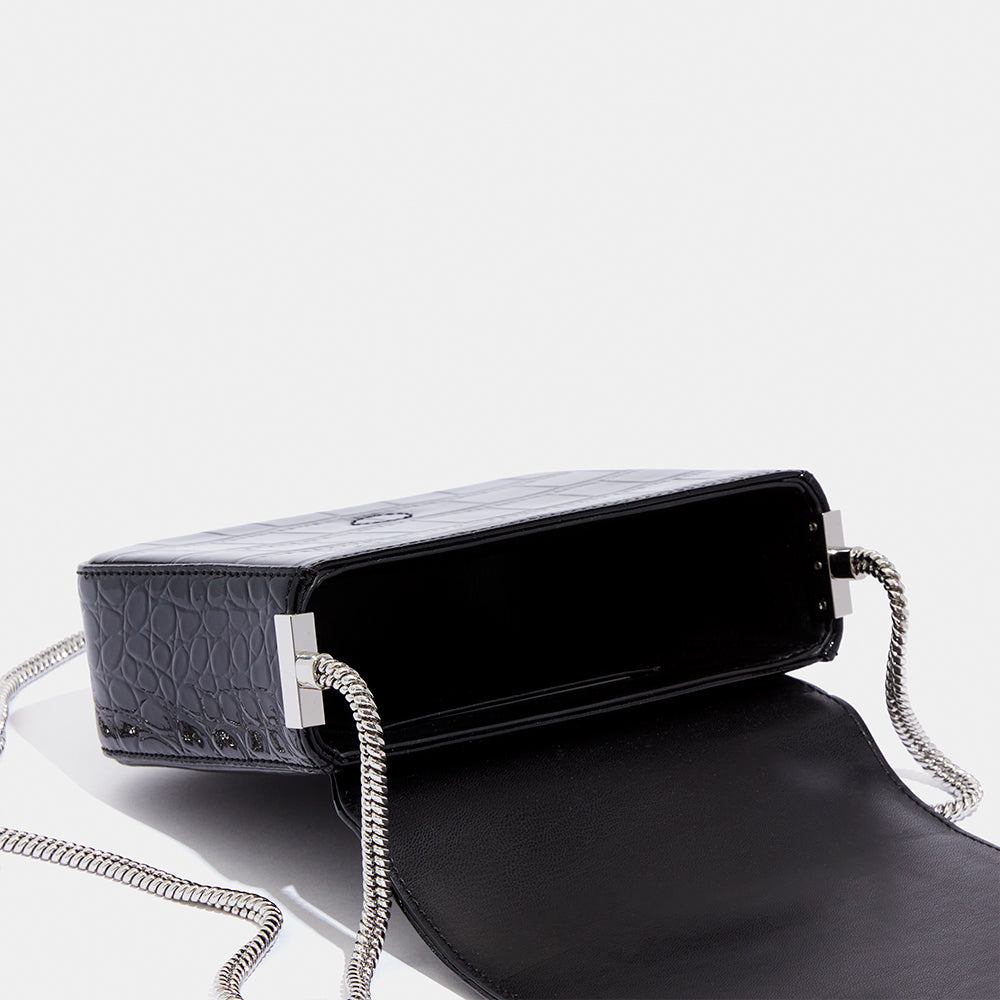 Saturday Small Croc Effect Patent Leather Pouch in Black - The