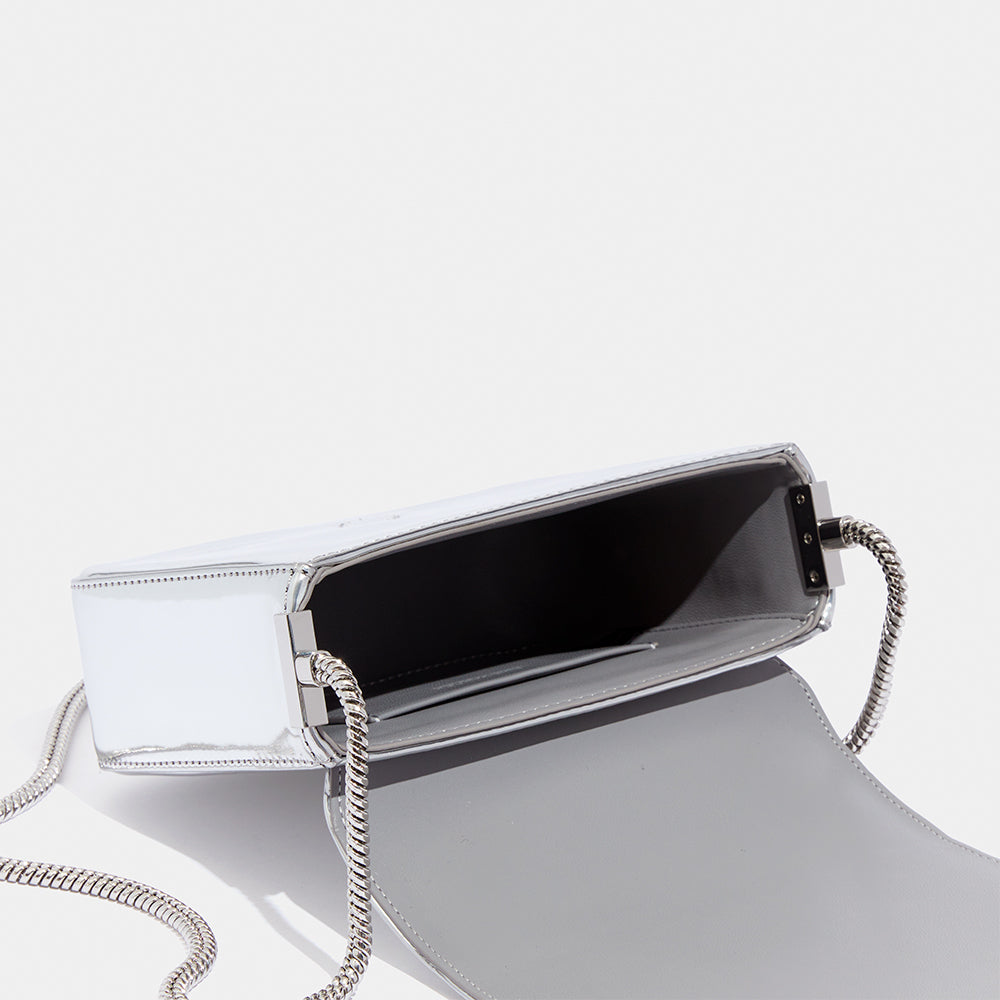 silver mirror box mini patent leather shoulder bag